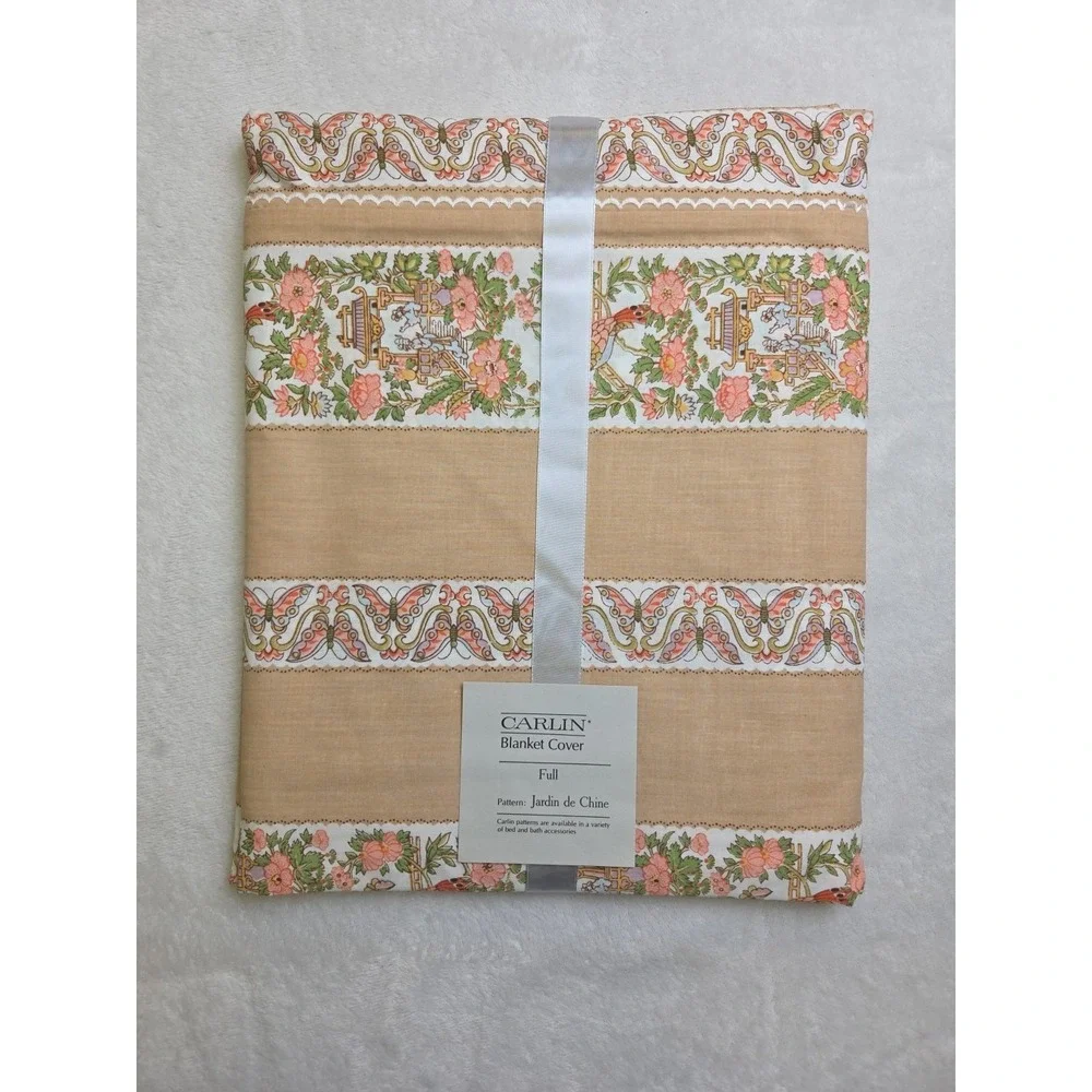 Vtg NEW CARLIN Chinoiserie Duvet and Sham‎ Set Asian Scene Butterflies Scalloped